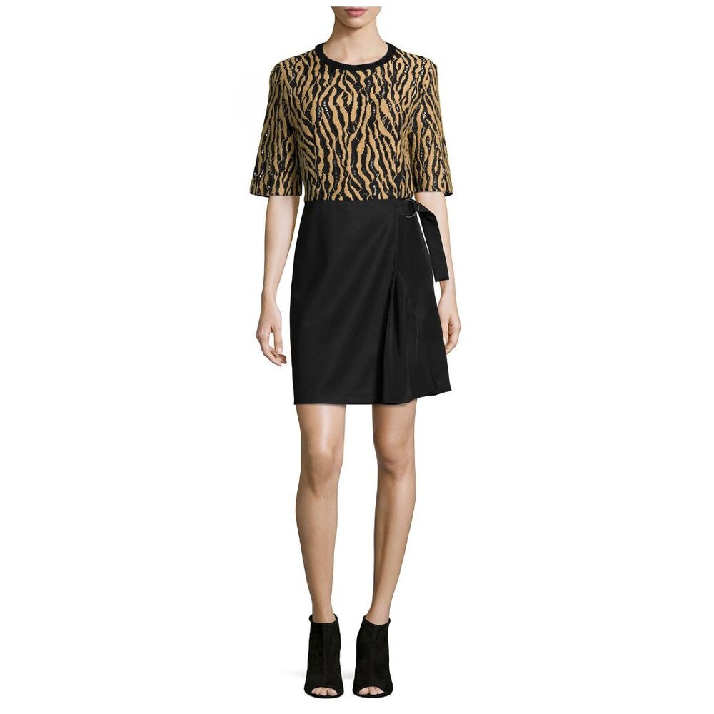 $750 3.1 PHILLIP LIM Tiger-Print Combo Wrap Dress Camel Black SOPHISTICATED 2